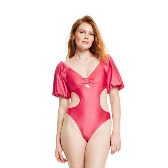 Fe Noel  Women's Metallic Puff Sleeve Cut Out Swimsuit - S Target NWT - Picture 1 of 6